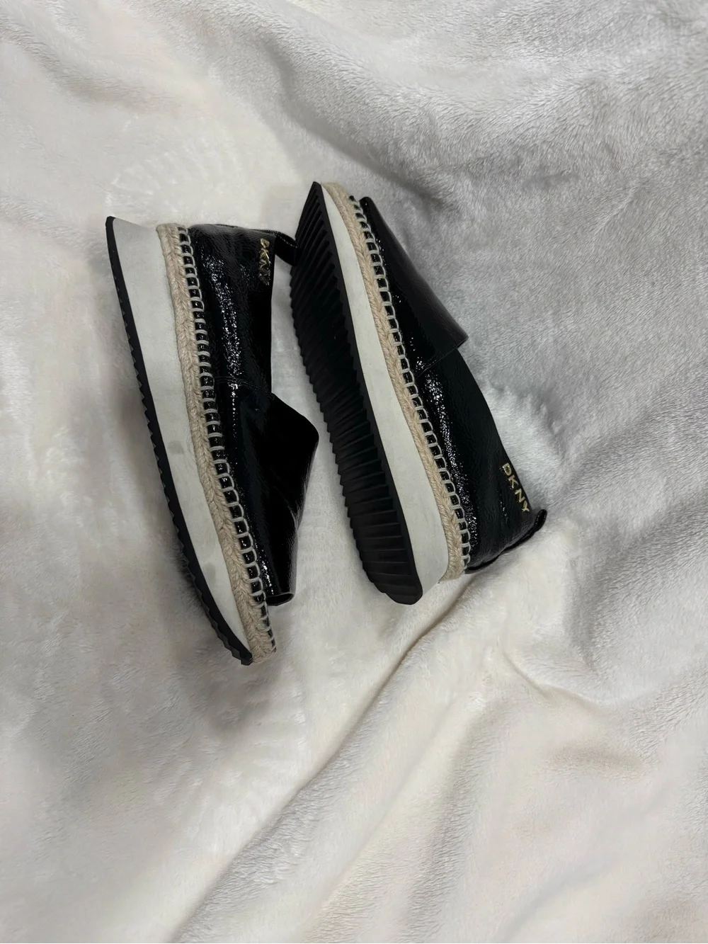 DKNY Black Patent Leather Platform Espadrilles